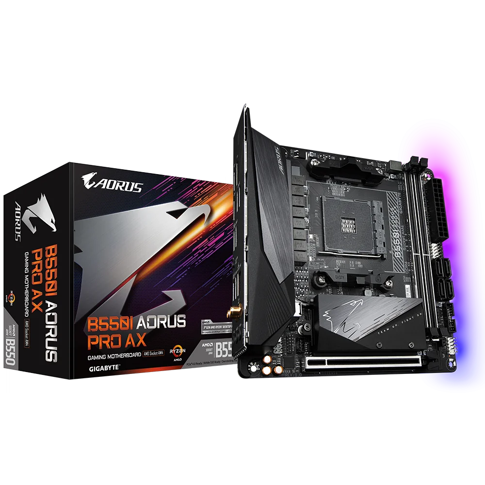 GIGABYTE B550I AORUS PRO AX Carte mère - Processeurs AMD Ryzen 5000, VRM 8 phases, jusqu'à 5300 MHz DDR4, 1xPCIe 4.0 + 1xPCIe 3.0 M.2, Wi-Fi 6E, LAN 2.5GbE, USB 3.2 Gen 2
