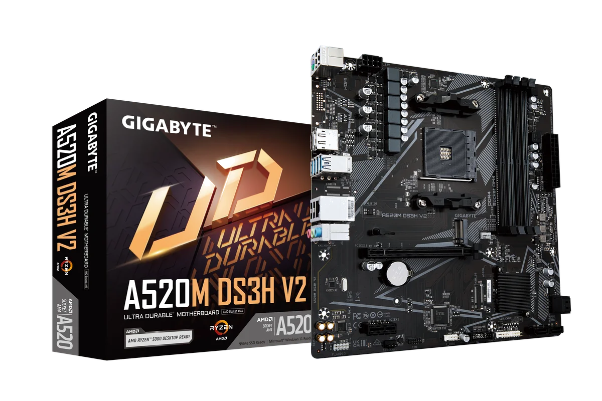 GIGABYTE Carte mère A520M DS3H V2 - Prend en charge les processeurs AMD Ryzen série 5000 AM4, jusqu'à 4733 MHz DDR4 (OC), PCIe 3.0 x16, LAN GbE, USB 3.2 Gen 1