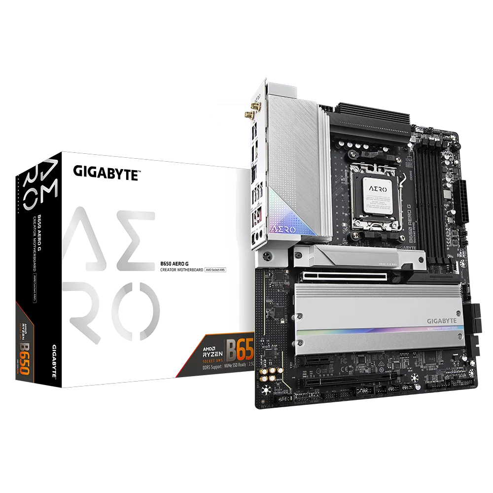 GIGABYTE B650 AERO G Carte mère - Compatible avec les processeurs AMD Ryzen série 9000, jusqu'à 8000 MHz DDR5 (OC), 1xPCIe 5.0 + 2xPCIe 4.0 M.2, LAN 2,5 GbE, WIFI 6E, USB 3.2 Gen 2