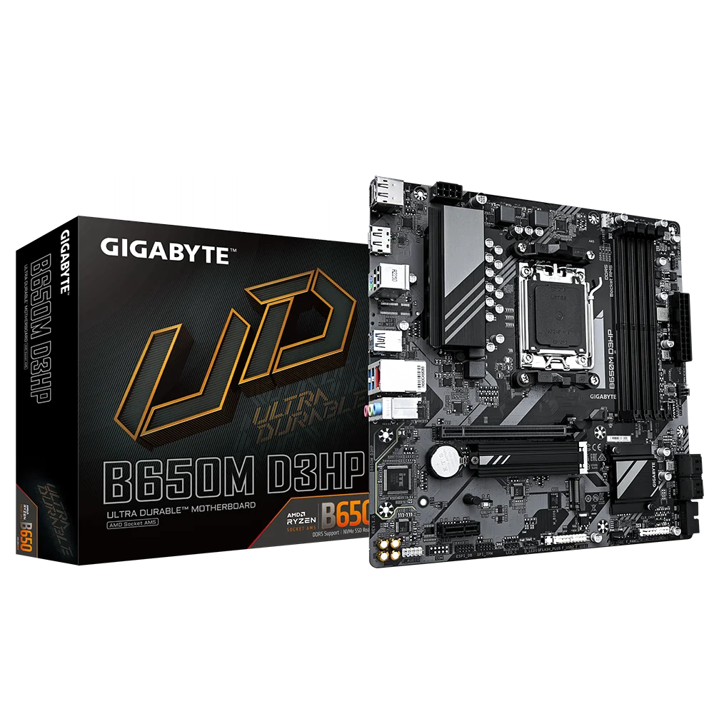 GIGABYTE B650M D3HP Carte mère - AMD Ryzen série 9000, VRM 5+2+2 phases, jusqu'à 7600 MHz DDR5 (OC), 2xPCIe 4.0 M.2, LAN 2,5 GbE, USB 3.2 Gen 1