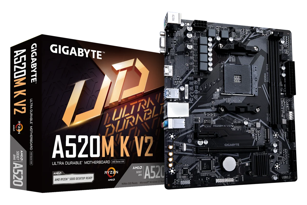 GIGABYTE Carte mère A520M K V2 - Prend en charge les processeurs AMD Ryzen série 5000 AM4, jusqu'à 5100MHz DDR4 (OC), PCIe Gen3 x4 M.2, LAN GbE, USB 3.2 Gen 1