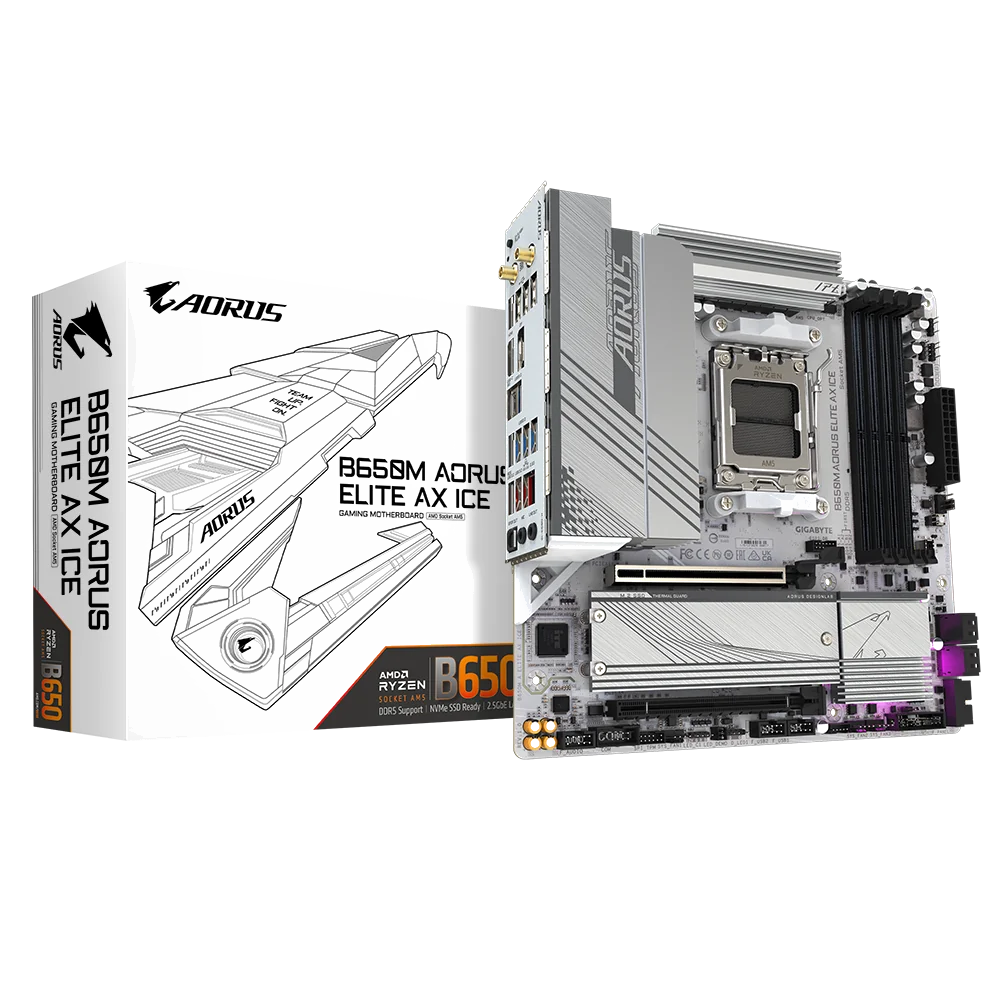 GIGABYTE B650M AORUS ELITE AX ICE Carte mère - AMD Ryzen série 9000, VRM 12+2+2 phases, jusqu'à 8000 MHz DDR5 (OC), 1xPCIe 5.0 + 1xPCIe 4.0 M.2, LAN 2,5 GbE, WIFI 6E, USB 3.2 Gen 2x2