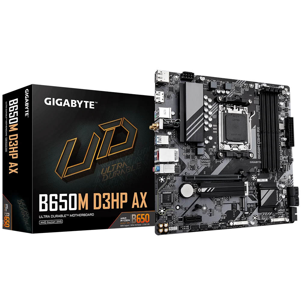 GIGABYTE B650M D3HP AX Carte mère - AMD Ryzen série 9000, VRM 5+2+2 phases, jusqu'à 8000 MHz DDR5 (OC), 2xPCIe 4.0 M.2, WIFI 6E, LAN 2,5 GbE, USB 3.2 Gen 1