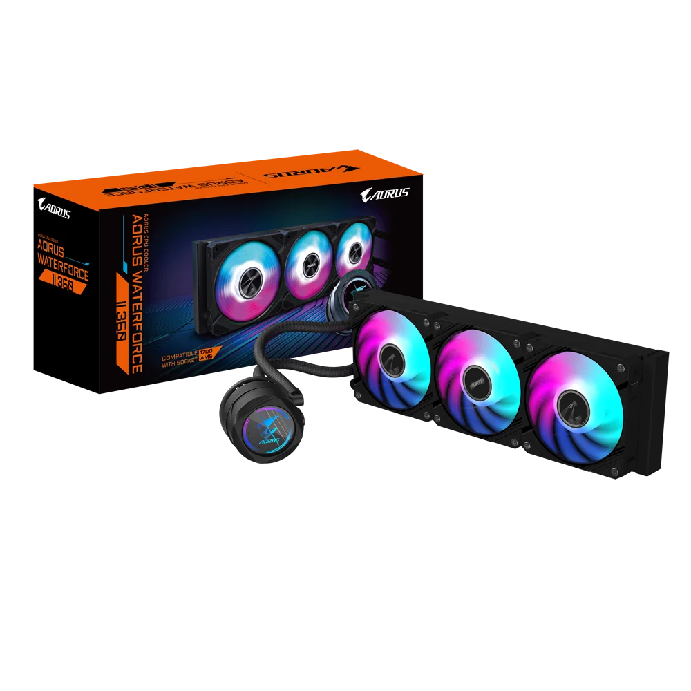 GIGABYTE AORUS WATERFORCE II 360 AIO Refroidisseur liquide pour processeur - 3x ventilateurs ARGB de 120 mm, mécanisme d'emboîtement, DAISY-CHAIN, compatible avec Intel LGA 1851 et AMD AM5