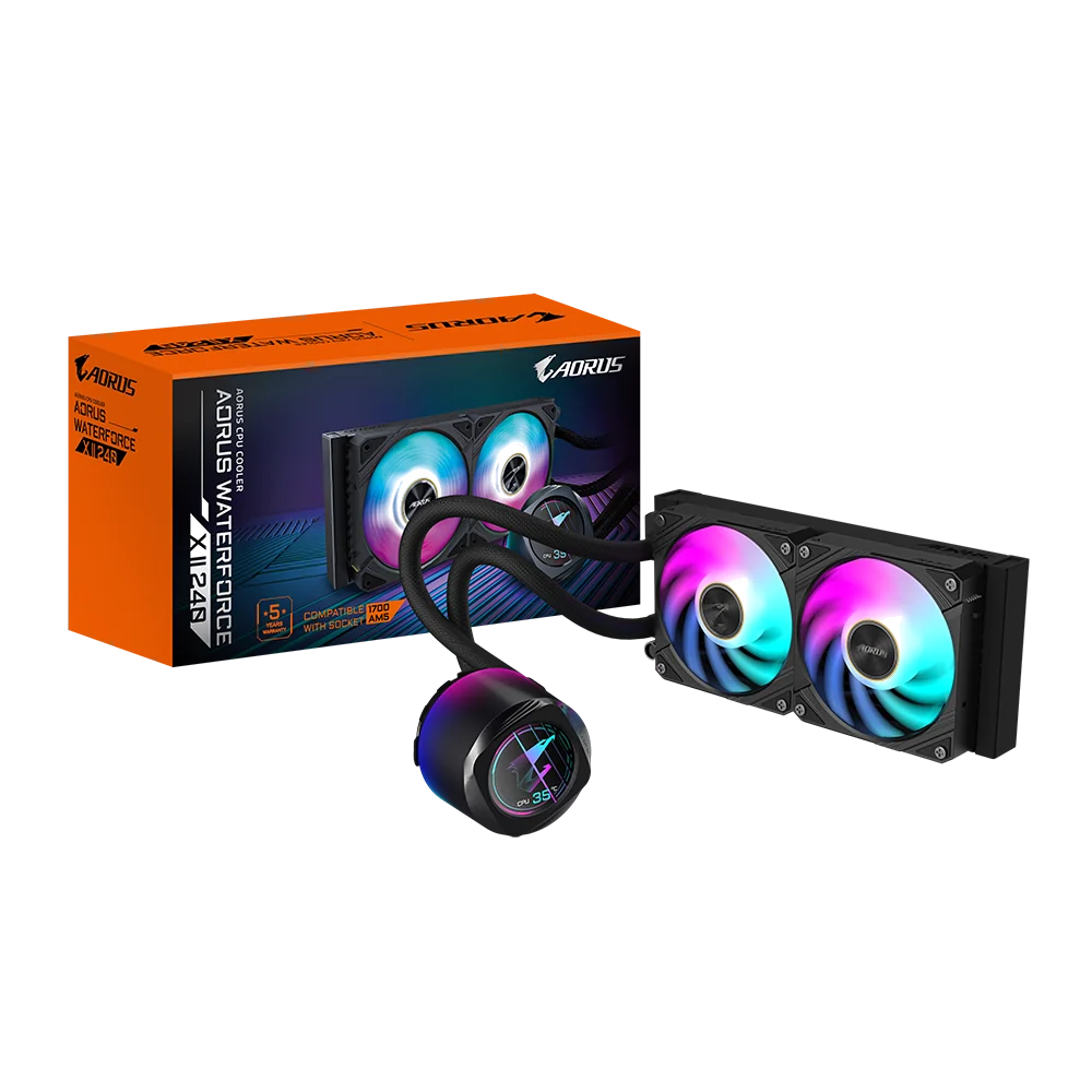 GIGABYTE AORUS WATERFORCE X II 240 Refroidisseur liquide pour processeur AIO - 2x ventilateurs ARGB de 120 mm, écran LCD en couleur, DAISY-CHAIN, compatible avec Intel LGA 1851 et AMD AM5