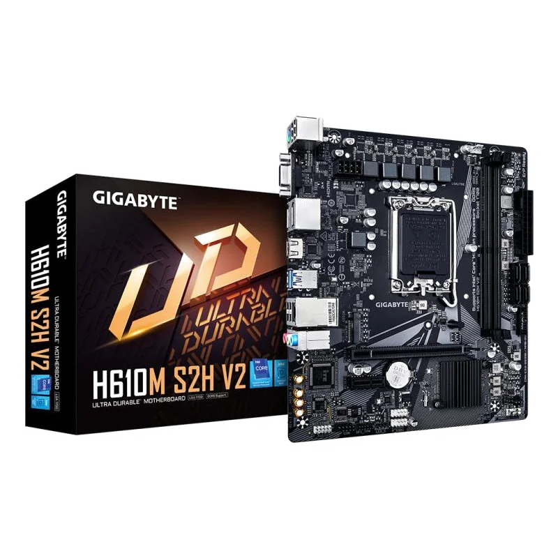 GIGABYTE H610M S2H V2 Carte mère - Prend en charge les processeurs Intel Core 14e génération, VRM numérique hybride 4+1+1 phases, jusqu'à 5600MHz DDR5, 1xPCIe 3.0 M.2, LAN GbE, USB 3.2 Gen 1