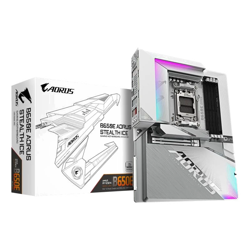 GIGABYTE B650E AORUS STEALTH ICE Carte mère - AMD Ryzen série 9000, VRM 12+2+2 phases, jusqu'à 8000 MHz DDR5 (OC), 1xPCIe 5.0 + 2xPCIe 4.0 M.2, LAN 2,5 GbE, WIFI 7, USB 3.2 Gen 2x2