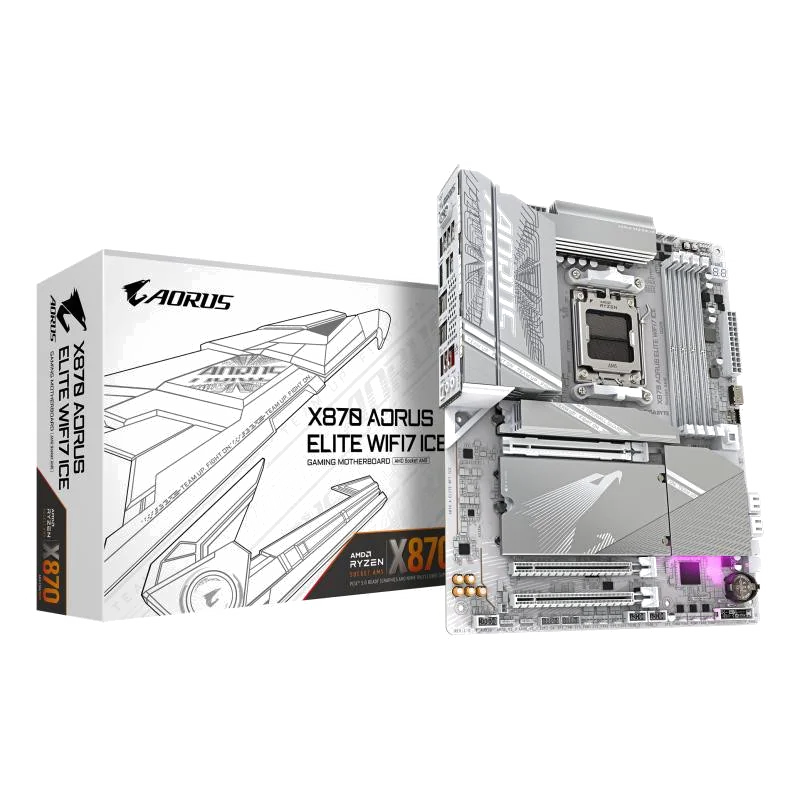 GIGABYTE X870 AORUS ELITE WIFI7 ICE Carte Mère - Prend en charge les processeurs AMD Ryzen 9000, 16+2+2 phases VRM numérique, jusqu'à 8200MHz DDR5 (OC), 3xPCIe 5.0 + 1xPCIe 4.0, Wi-Fi 7, LAN 2,5GbE, USB 4