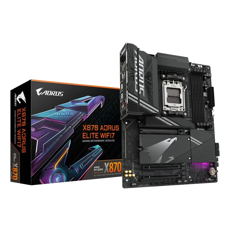 GIGABYTE X870 AORUS ELITE WIFI7 Carte Mère - Prend en charge les processeurs AMD Ryzen 9000, 16+2+2 phases VRM, jusqu'à 8000MHz DDR5 (OC), 3xPCIe 5.0 + 1xPCIe 4.0, Wi-Fi 7, LAN 2,5GbE, USB 4