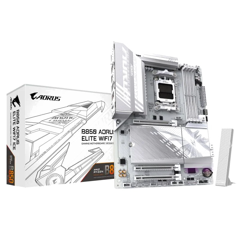 GIGABYTE B850 AORUS ELITE WIFI7 ICE Carte Mère - AMD Ryzen 9000 Series CPUs, VRM numérique 14+2+2 phases, jusqu'à 8200MHz DDR5 (OC), 1xPCIe 5.0 + 2xPCIe 4.0 M.2, LAN 2,5, WIFI 7, USB 3.2 Gen 2x2