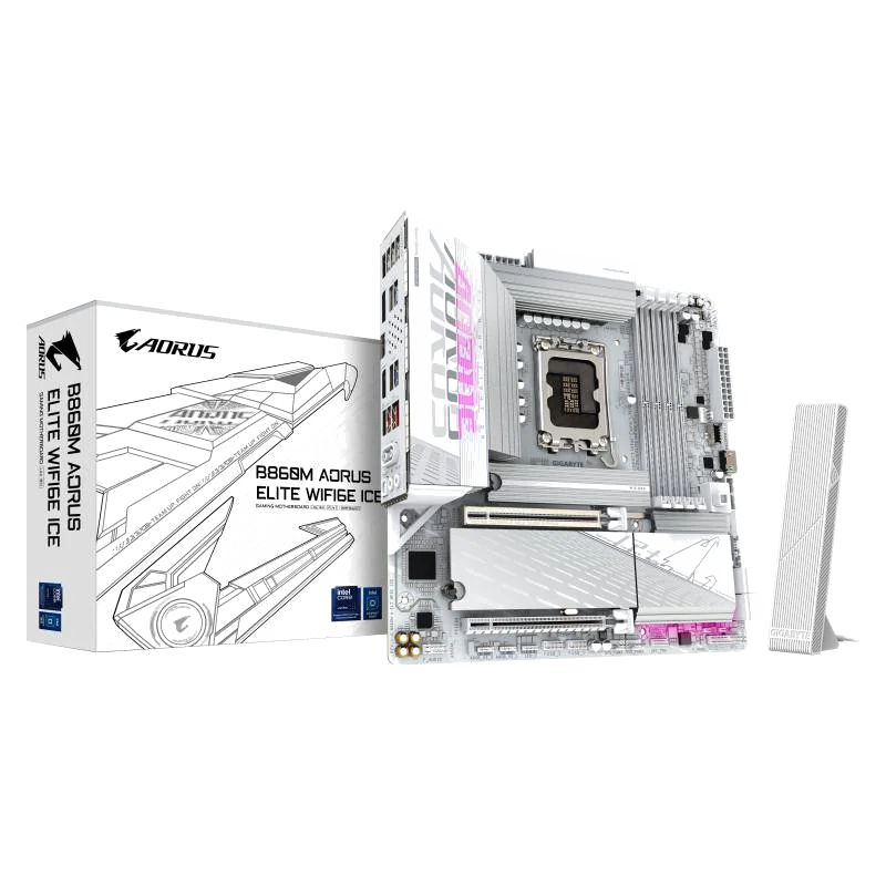 GIGABYTE B860M AORUS ELITE WF6E ICE Carte mère - Processeurs Intel Core Ultra, VRM 12+1+2+1 phases, jusqu'à 9200MHz DDR5, 1xPCIe 5.0 + 2xPCIe 4.0 M.2, LAN 2,5 GbE, WIFI 6E, USB 4