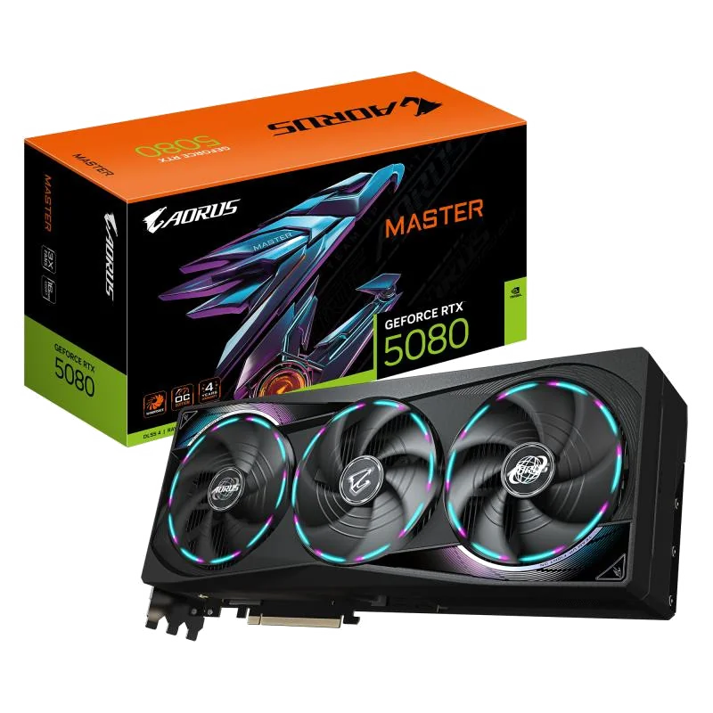 GIGABYTE AORUS GeForce RTX 5080 MASTER 16G Carte Graphique - 16GB GDDR7, 256 bits, PCI-E 5.0, 2805MHz Core Clock, 3 x DisplayPort, 1 x HDMI, GV-N5080AORUS M-16GD
