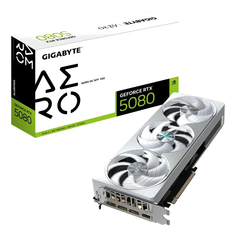 GIGABYTE GeForce RTX 5080 AERO OC SFF 16G Carte graphique - 16 Go GDDR7, 256 bits, PCI-E 5.0, 2730MHz Core Clock, 3 x DisplayPort, 1 x HDMI, GV-N5080AERO OC-16GD