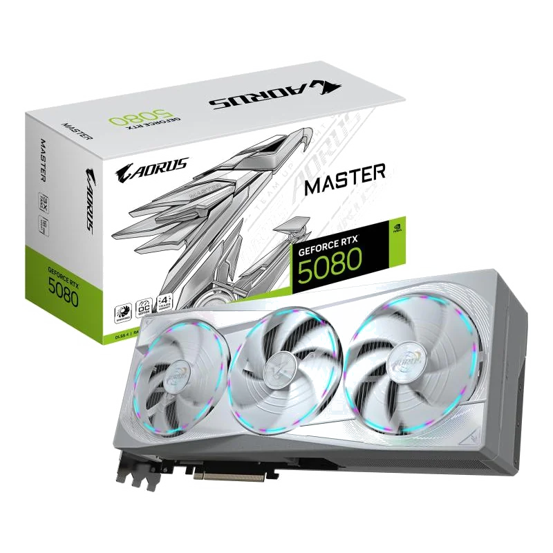 GIGABYTE AORUS GeForce RTX 5080 MASTER ICE 16G Carte Graphique - 16 Go GDDR7, 256 bits, PCI-E 5.0, 2805MHz Core Clock, 3 x DP 2.1a, 1 x HDMI 2.1b, NVIDIA DLSS 4, GV-N5080AORUSM ICE-16GD