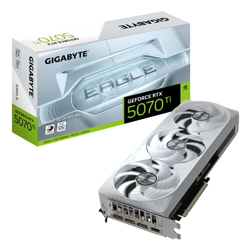 GIGABYTE GeForce RTX 5070 Ti EAGLE OC ICE SFF 16G Carte Graphique - 16 Go GDDR7, 256 bits, PCI-E 5.0, 2542 MHz Core Clock, 3 x DP 2.1a, 1 x HDMI 2.1b, NVIDIA DLSS 4, GV-N507TEAGLEOC ICE-16GD