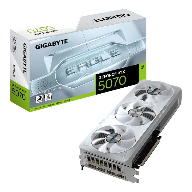 GIGABYTE GeForce RTX 5070 EAGLE OC ICE SFF 12G Carte Graphique - 12 Go GDDR7, 192 bits, PCI-E 5.0, 2587 MHz Core Clock, 3 x DP 2.1a, 1 x HDMI 2.1b, NVIDIA DLSS 4, GV-N5070EAGLEOC ICE-12GD