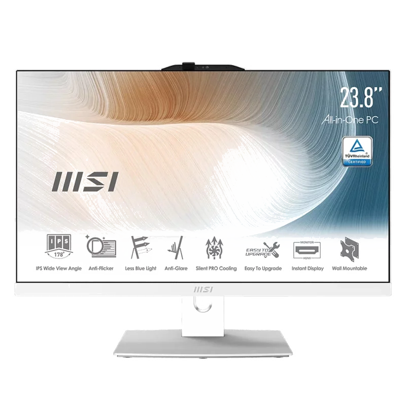 MSI Modern AM242TP 1M-1858FR Intel Core 5 120U 60,5 cm (23.8") 1920 x 1080 pixels Écran tactile PC All-in-One 16 Go DDR5-SDRAM 500 Go SSD Windows 11 Pro Wi-Fi 6E (802.11ax) Blanc