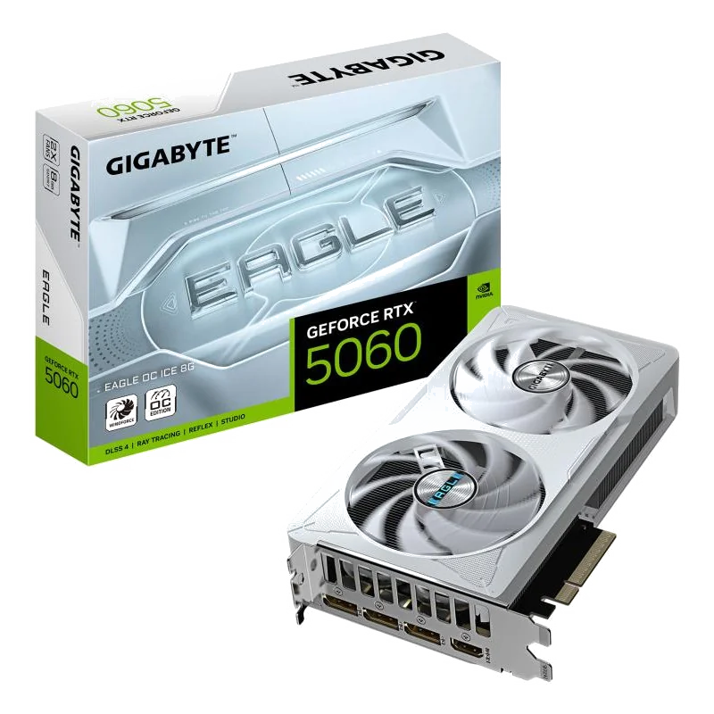 GIGABYTE GeForce RTX 5060 EAGLE OC ICE 8G Carte Graphique - 8GB GDDR7, 128bit, PCI-E 5.0, 2550 MHz Fréquence du cœur, 3 x DisplayPort, 1 x HDMI, GV-N5060EAGLEOC ICE-8GD
