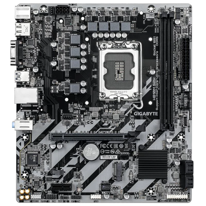 GIGABYTE H810M S2H Carte mère - Processeurs Intel Core Ultra (Série 2), VRM 4+1+2 phases, jusqu'à 6400 MHz DDR5, 1xPCIe 4.0 M.2, LAN 1GbE, USB 3.2 Gen 1