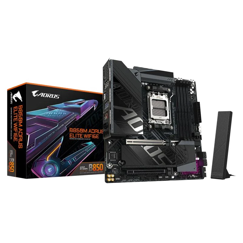 GIGABYTE B850M AORUS ELITE WIFI6E Carte mère - Processeurs AMD Ryzen série 9000, VRM numérique 12+2+2 phases, jusqu'à 8200 MHz DDR5 (O.C.), 1x M.2 PCIe 5.0 + 1x M.2 PCIe 4.0, Wi-Fi 6E, LAN 2.5 GbE, USB 3.2 Gen 2