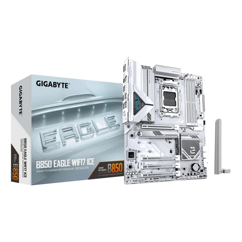 GIGABYTE B850 EAGLE WIFI7 ICE Carte mère - Processeurs AMD Ryzen série 9000, VRM numérique 8+2+2 phases, jusqu'à 8200 MHz DDR5 (O.C.), 1x M.2 PCIe 5.0 + 2x M.2 PCIe 4.0, Wi-Fi 7, LAN 2.5 GbE, USB 3.2 Gen 2