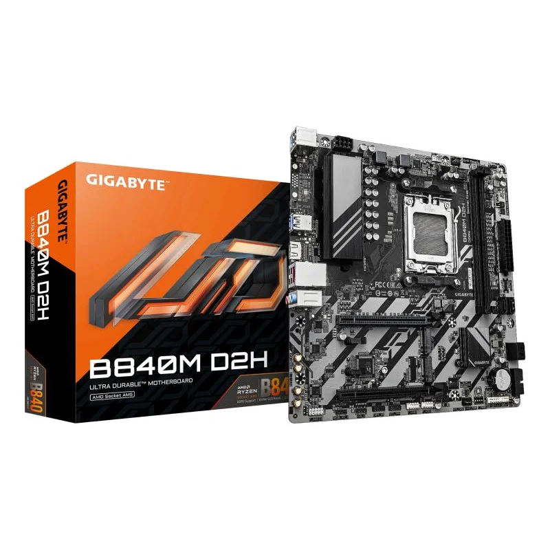 GIGABYTE B840M D2H Carte mère - Processeurs AMD Ryzen 9000, VRM 5+2+2 phases, jusqu'à 7600 MHz DDR5, 1xPCIe 4.0 + 1xPCIe 3.0 M.2, LAN 2.5GbE, USB 3.2 Gen 1