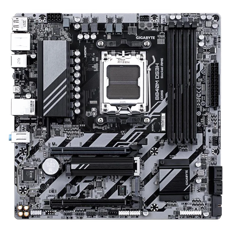 GIGABYTE B840M DS3H Carte mère - Processeurs AMD Ryzen 9000, VRM 8+2+2 phases, jusqu'à 8200 MHz DDR5, 2xPCIe 4.0 M.2, LAN 2.5GbE, USB 3.2 Gen 1