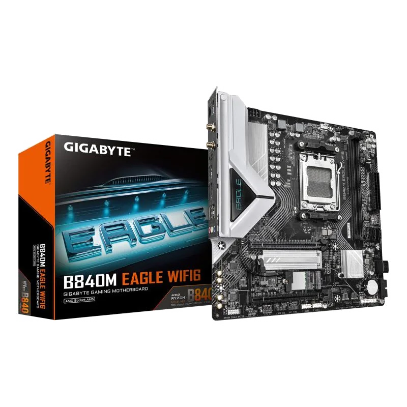 GIGABYTE B840M EAGLE WIFI6 Carte Mère – Processeurs AMD Ryzen 9000, 5+2+2 phases VRM, jusqu’à 7600 MHz DDR5 (O.C.), 1 x M.2 PCIe 4.0 + 1 x M.2 PCIe 3.0, Wi-Fi 6, LAN 2.5 GbE, USB 3.2 Gen 1