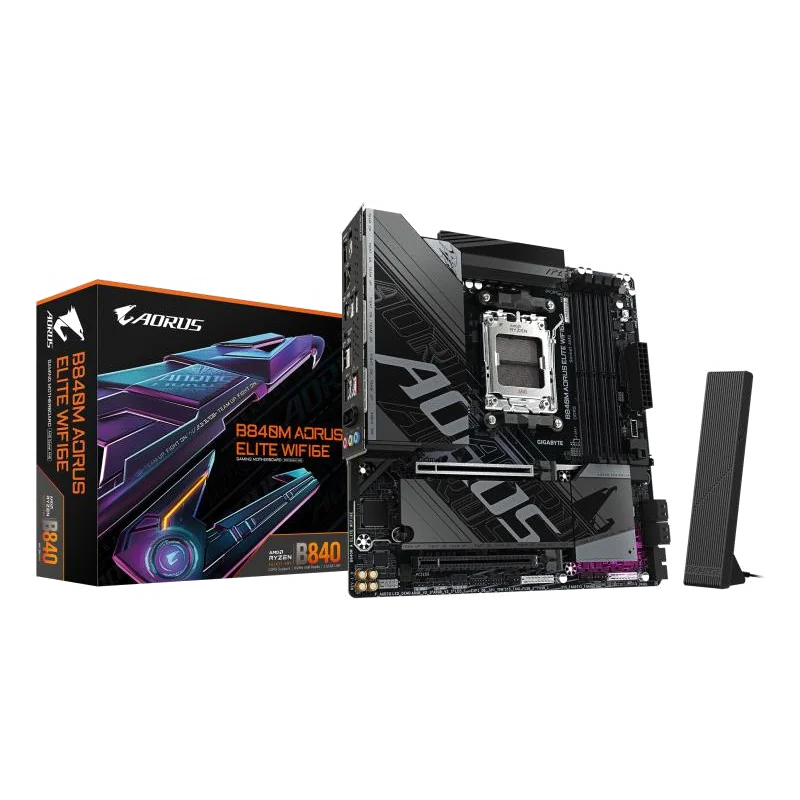 GIGABYTE B840M AORUS ELITE WIFI6E Carte Mère – Processeurs AMD Ryzen 9000, 10+2+2 phases VRM, jusqu’à 8200 MHz DDR5 (O.C.), 2 x M.2 PCIe 4.0, Wi-Fi 6E, LAN 2.5 GbE, USB 3.2 Gen 2