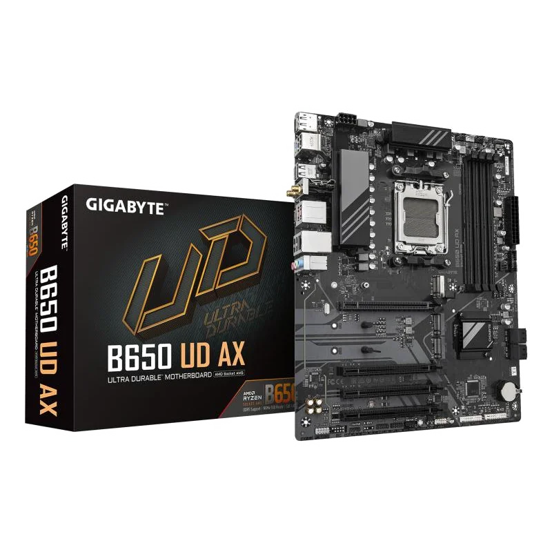 GIGABYTE B650 UD AX Carte Mère - Prend en charge les processeurs AMD Ryzen Série 9000, VRM 6+2+2 phases, jusqu'à 7600MHz DDR5 (OC), 1x PCIe 5.0 + 2x PCIe 4.0 M.2, LAN GbE, Wi-Fi 6, USB 3.2 Gen 2