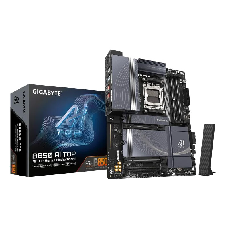 GIGABYTE B850 AI TOP Carte Mère - Processeurs AMD Ryzen Série 9000, 16+2+2 phases VRM numériques, jusqu'à 8600MHz DDR5 (OC), 2xPCIe 5.0 + 1xPCIe 4.0 M.2, LAN 10GbE, WIFI 7, USB 3.2 Gen 2x2