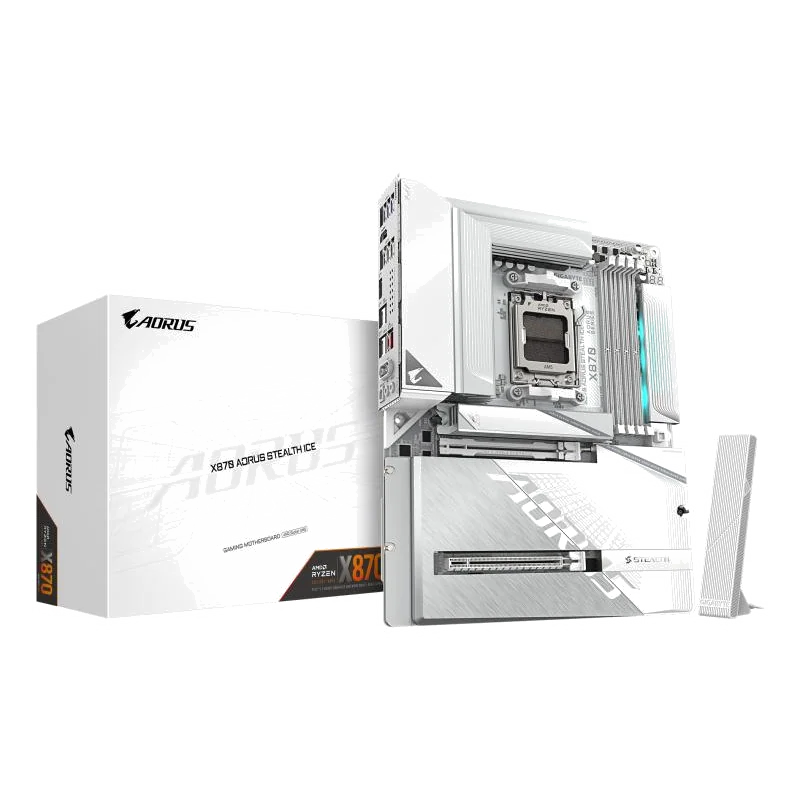 GIGABYTE X870 AORUS STEALTH ICE Carte Mère – Prend en charge les processeurs AMD Ryzen 9000, VRM numérique 16+2+2 phases, jusqu’à 8200 MHz DDR5 (OC), 2 x PCIe 5.0 + 2 x PCIe 4.0, Wi-Fi 7, LAN 5 GbE, USB 4