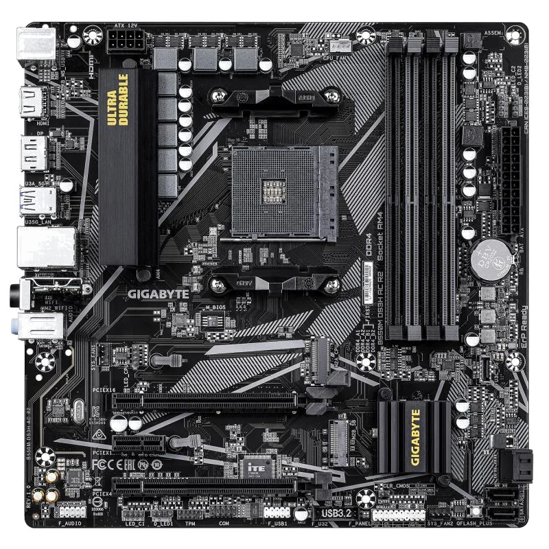 GIGABYTE B550M DS3H AC R2 Carte mère - Processeurs AMD Ryzen 5000, VRM 5+3 phases, jusqu'à 4733 MHz DDR4 (O.C.), 1x M.2 PCIe 4.0 + 1x M.2 PCIe 3.0, Wi-Fi 5, LAN 1 GbE, USB 3.2 Gen 1