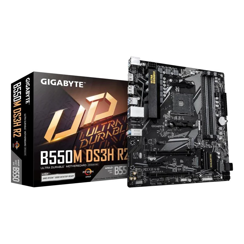 GIGABYTE B550M DS3H R2 Carte mère - Processeurs AMD Ryzen 5000, VRM 5+3 phases, jusqu'à 4733 MHz DDR4 (O.C.), 1x M.2 PCIe 4.0 + 1x M.2 PCIe 3.0, LAN 1 GbE, USB 3.2 Gen 1