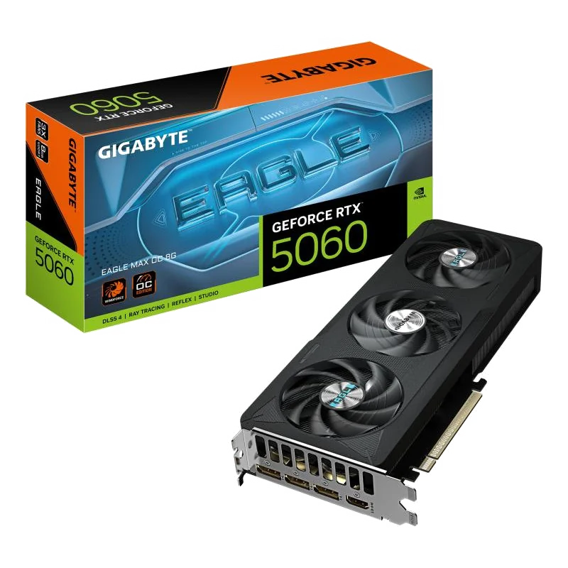 GIGABYTE GeForce RTX 5060 EAGLE MAX OC 8G Carte Graphique – 8 Go GDDR7, 128 bits, PCI-E 5.0, fréquence cœur 2550 MHz, 3 x DisplayPort, 1 x HDMI, NVIDIA DLSS 4, GV-N5060EAGLEMAX OC-8GD 1.0