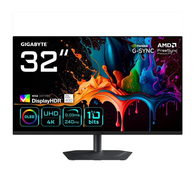 GIGABYTE MO32U2 Moniteur Gaming OLED 32” 4K UHD - 3840 x 2160, 240Hz, 0.03ms, 250 cd/m², G-Sync Compatible, FreeSync Premium Pro, Display HDR True Black 400, HDMI 2.1, DisplayPort 1.4
