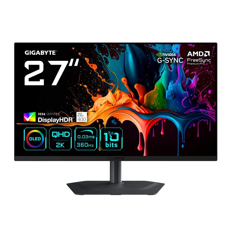 GIGABYTE MO27Q3 Moniteur Gaming OLED 27” QHD - 2560 x 1440, 360Hz, 0.03ms, 250 cd/m², G-Sync Compatible, FreeSync Premium Pro, Display HDR True Black 400, HDMI 2.1, DisplayPort 1.4