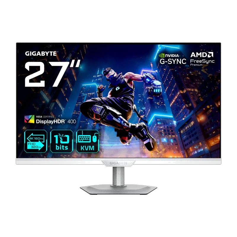 GIGABYTE M27UP ICE Moniteur de jeu 27” 4K UHD - Mode double (4K 160Hz ou FHD 320Hz), 3840 x 2160, 1ms, 350 cd/m², FreeSync Premium, DisplayHDR400, HDMI 2.1, DisplayPort 1.4