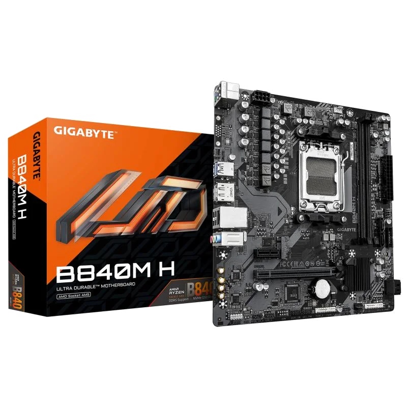 GIGABYTE B840M H Carte Mère - Processeurs AMD Ryzen 9000, VRM 5+2+2 phases, jusqu’à 7200MHz DDR5 (O.C), 1xPCIe 4.0 M.2, LAN 1GbE, USB 3.2 Gen 1
