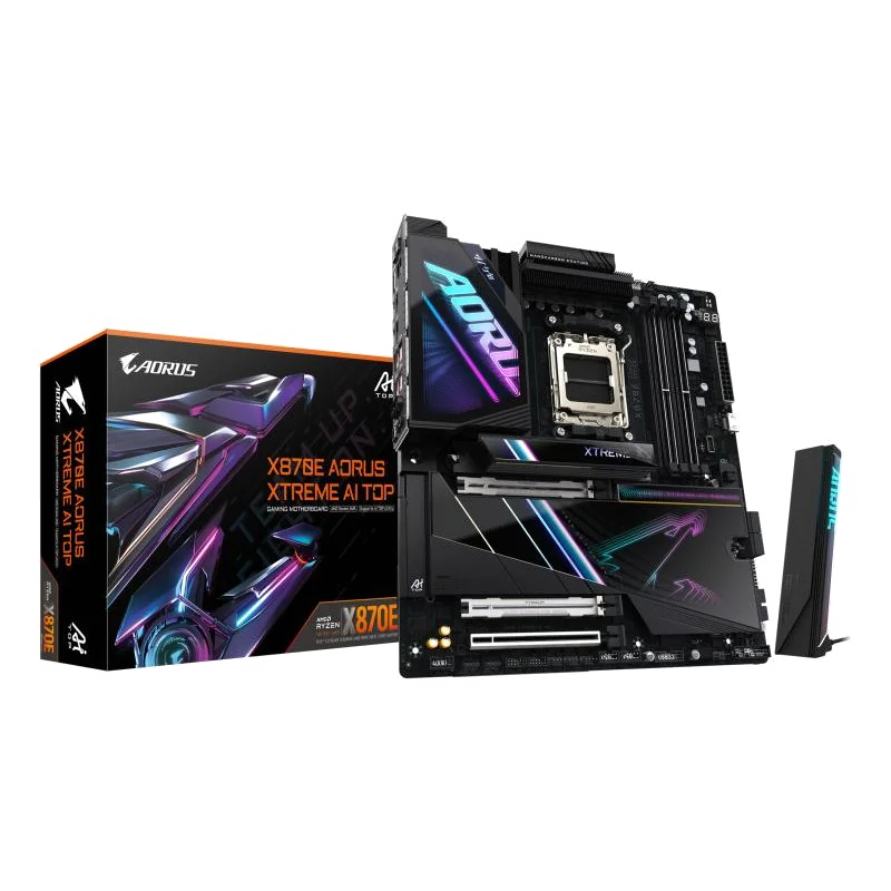 GIGABYTE X870E AORUS XTREME AI TOP Carte mère - Compatible avec les processeurs AMD Ryzen série 9000, VRM 18+2+2 phases, jusqu'à 8800 MHz DDR5 (OC), 1xPCIe 5.0 M.2 + 3xPCIe 4.0 M.2, WI-FI 7, LAN 10 GbE, USB 4
