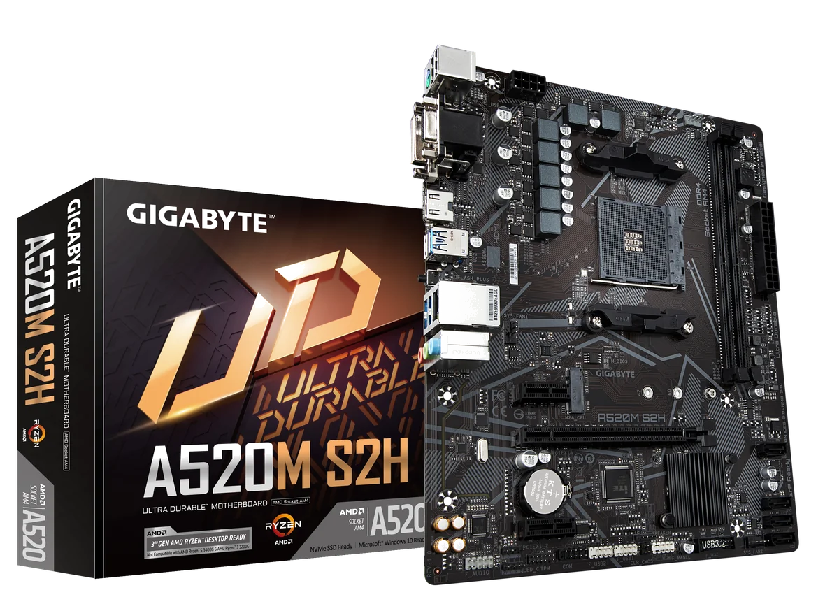 GIGABYTE Carte mère A520M S2H - Prend en charge les processeurs AMD Ryzen série 5000 AM4, VRM numérique pur 4+3 phases, jusqu'à 5100 MHz DDR4 (OC), PCIe 3.0 x4 M.2, LAN GbE, USB 3.2 Gen 1