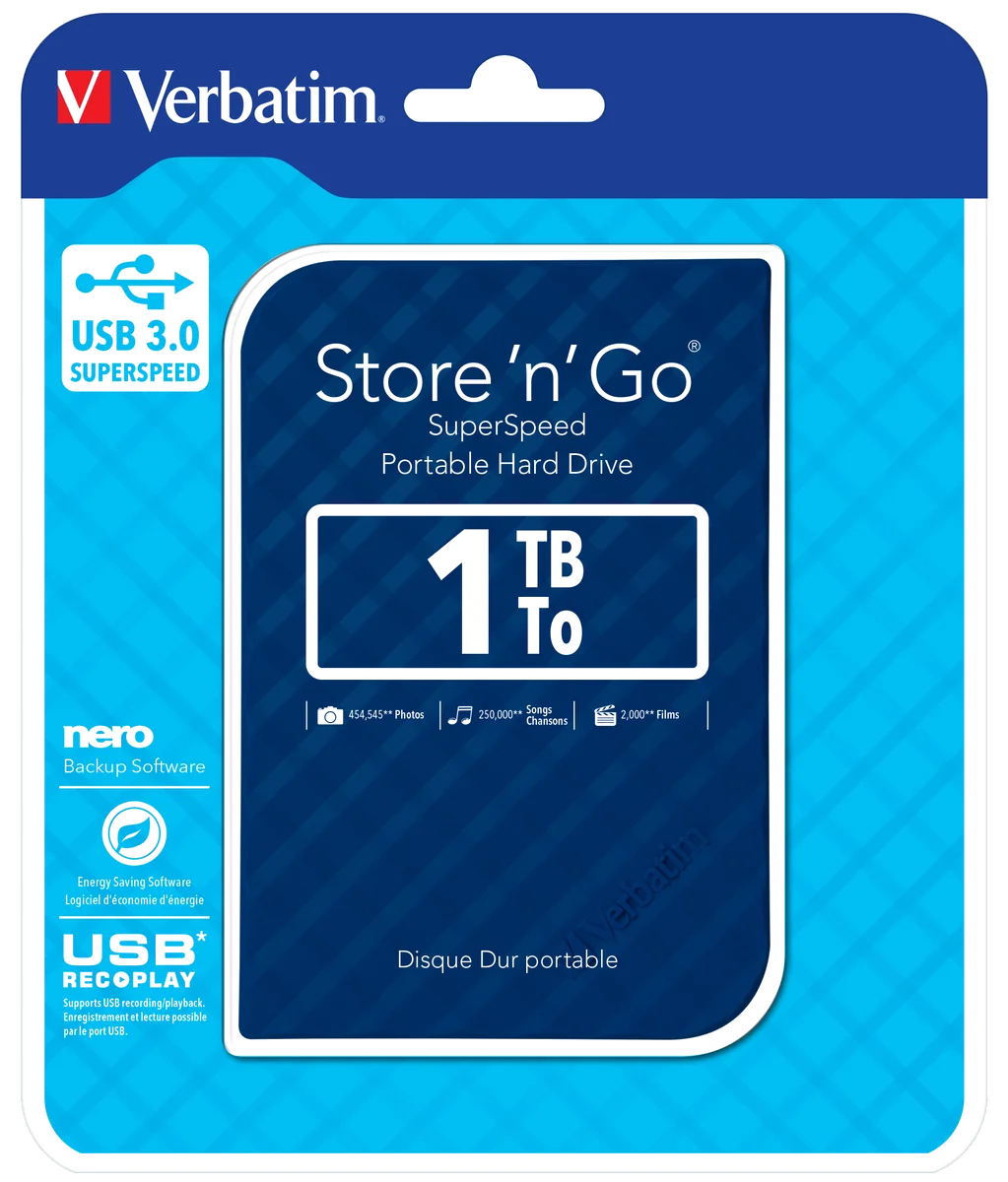 Verbatim Disque dur portable USB Store 'n' Go 3.0, 1 To - Bleu