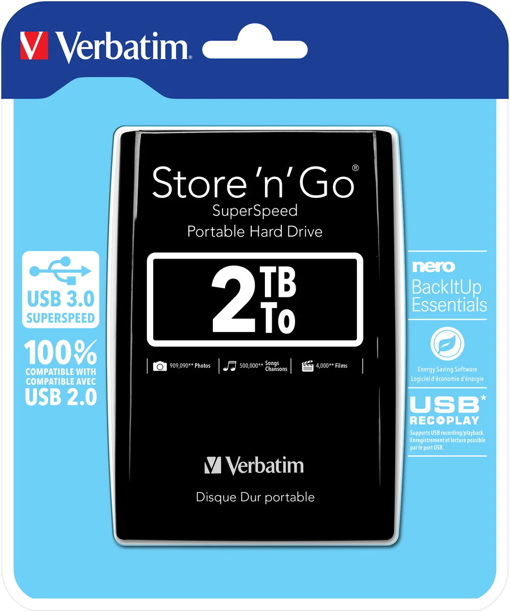 Verbatim Disque dur portable USB Store 'n' Go 3.0, 2 To, noir