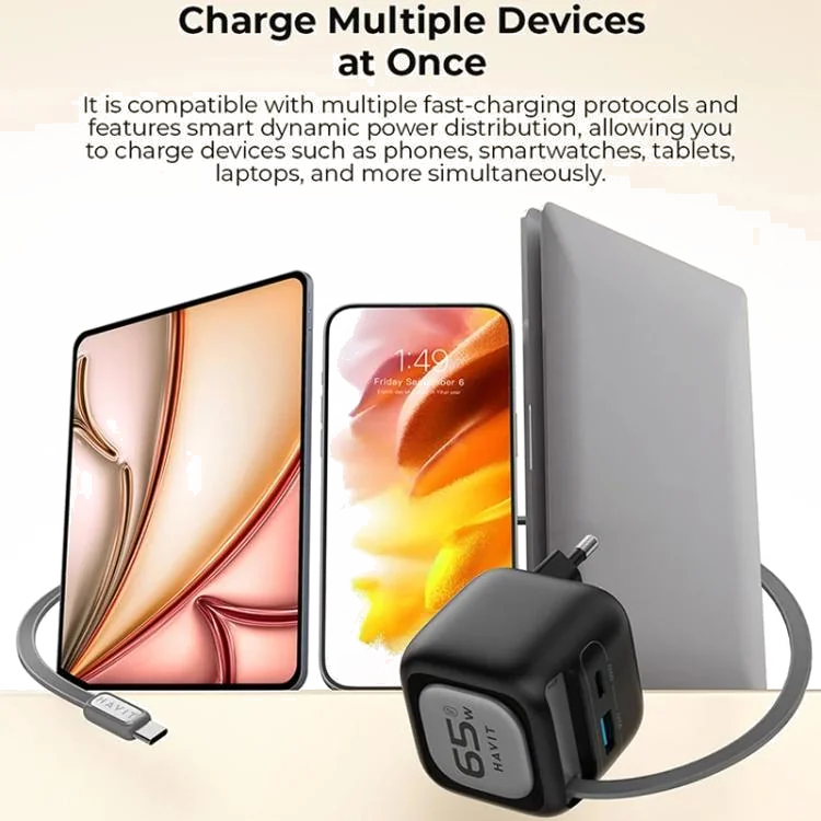 Chargeur GaN UC252 65W 3-en-1 avec Câble Rétractable et Chargeur sans Fil pour Montre