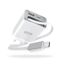 Chargeur Secteur USB-C 65W GaN Double Sortie avec Câble Rétractable - 1