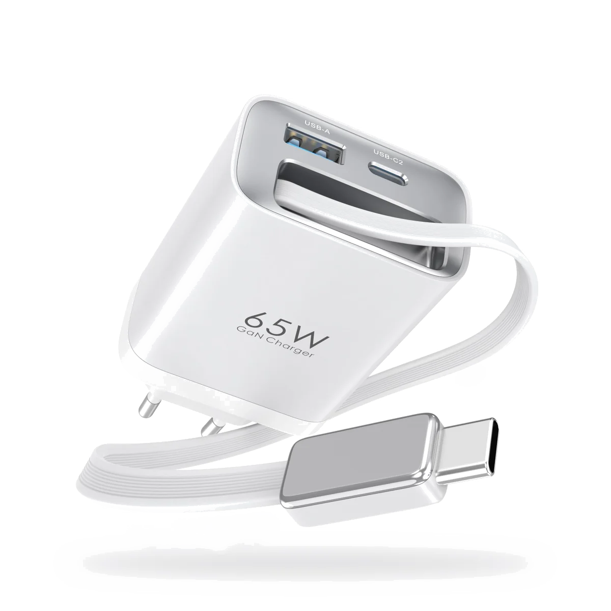 Chargeur Secteur USB-C 65W GaN Double Sortie avec Câble Rétractable