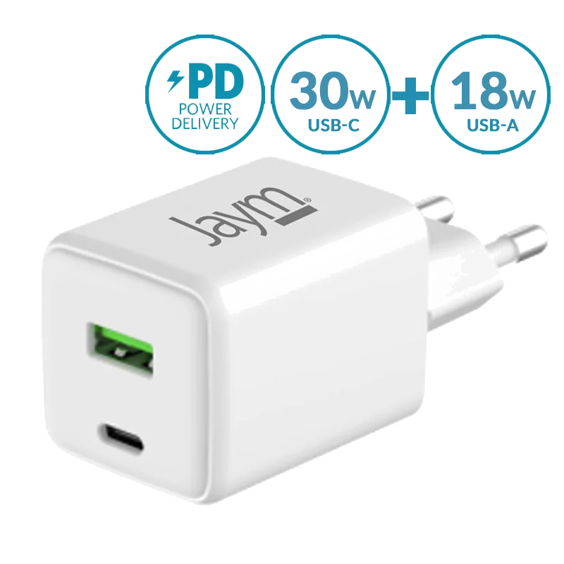 Chargeur Secteur GaN 20W USB-C PD + USB-A QC 3.0 Blanc