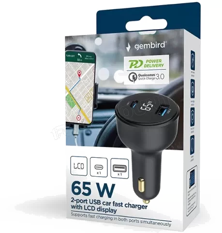 Chargeur Allume-Cigare Gembird USB-C & USB-A 65W - Noir