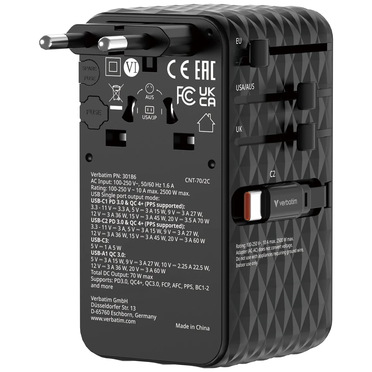 Verbatim Charge 'n' Travel 70W Universel Noir Secteur Charge rapide Intérieure