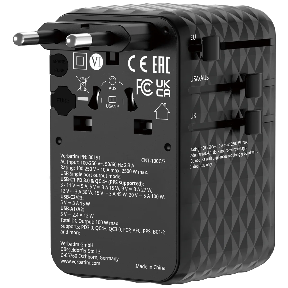 Adaptateur universel de voyage Verbatim Charge'n'Travel 100W (Noir)